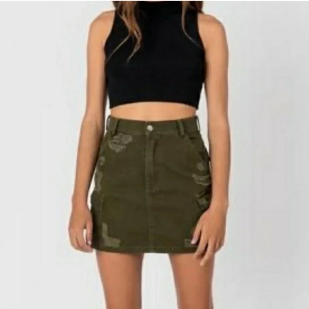 LF Carmar Skirt Olive Green Denim Distressed Mini Skirt Size 28 Edgy Rocker Goth